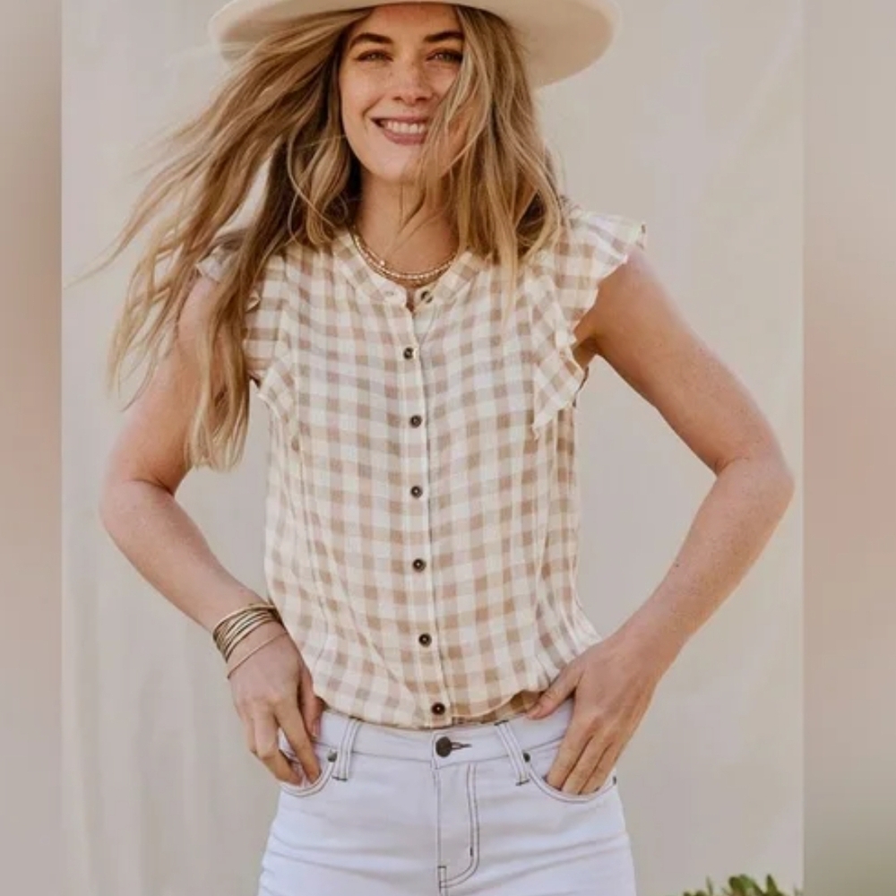 Matilda Jane Good Heart Cream and Tan Gingham Top